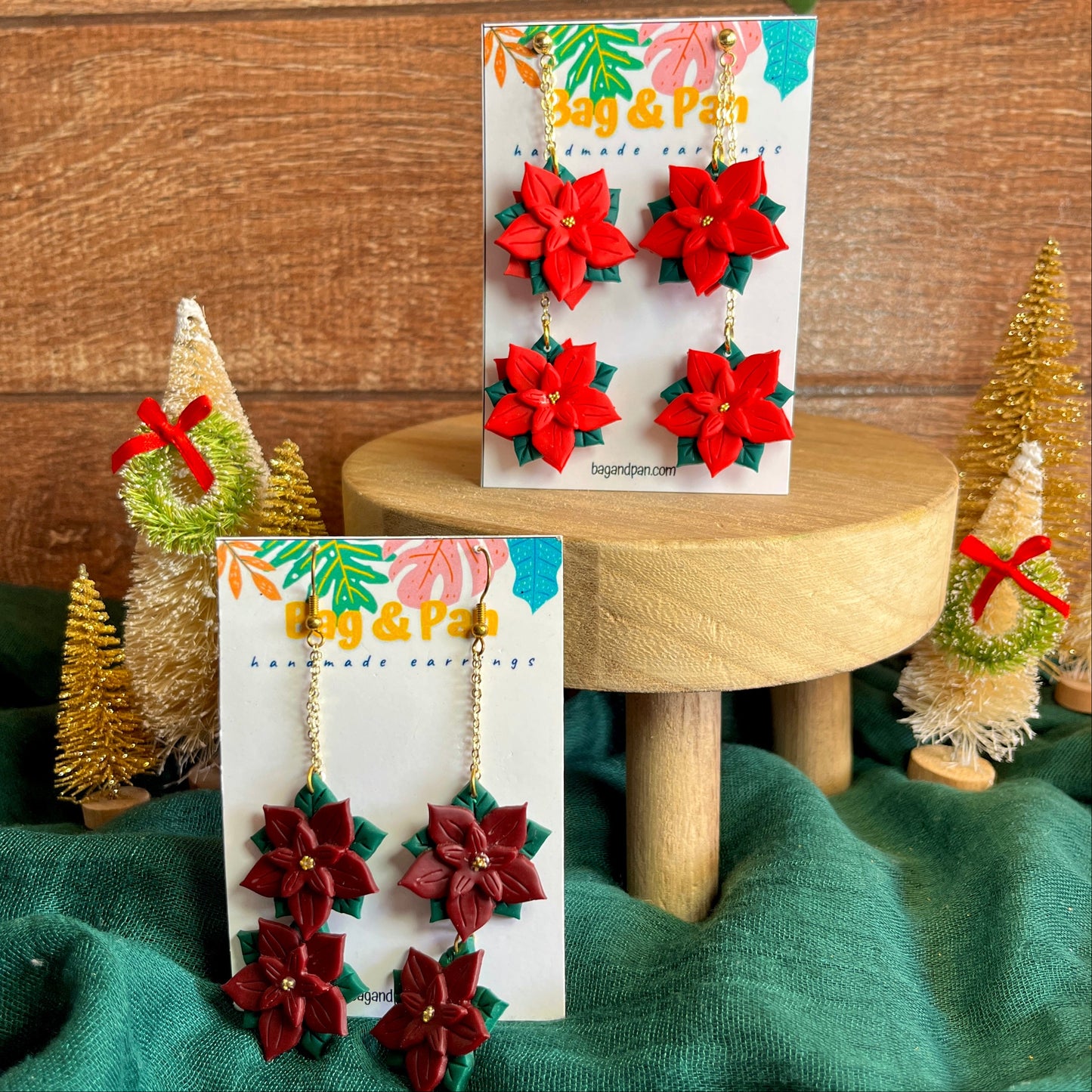 Layered Double Poinsettia Dangle Earrings