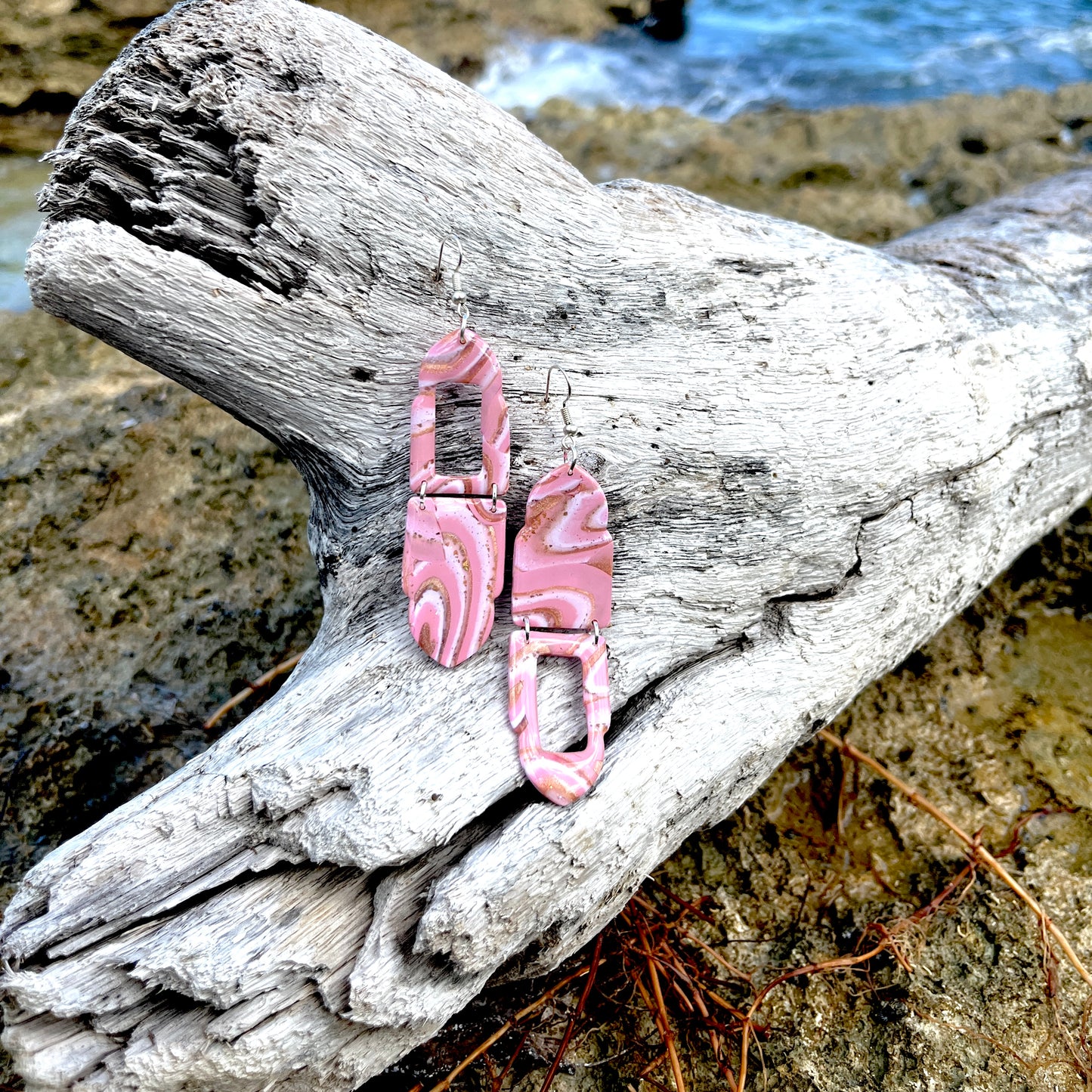 Rosé Whirlwind Statement Earrings - Handmade Polymer Clay Romantic Valentine's Day Jewellery