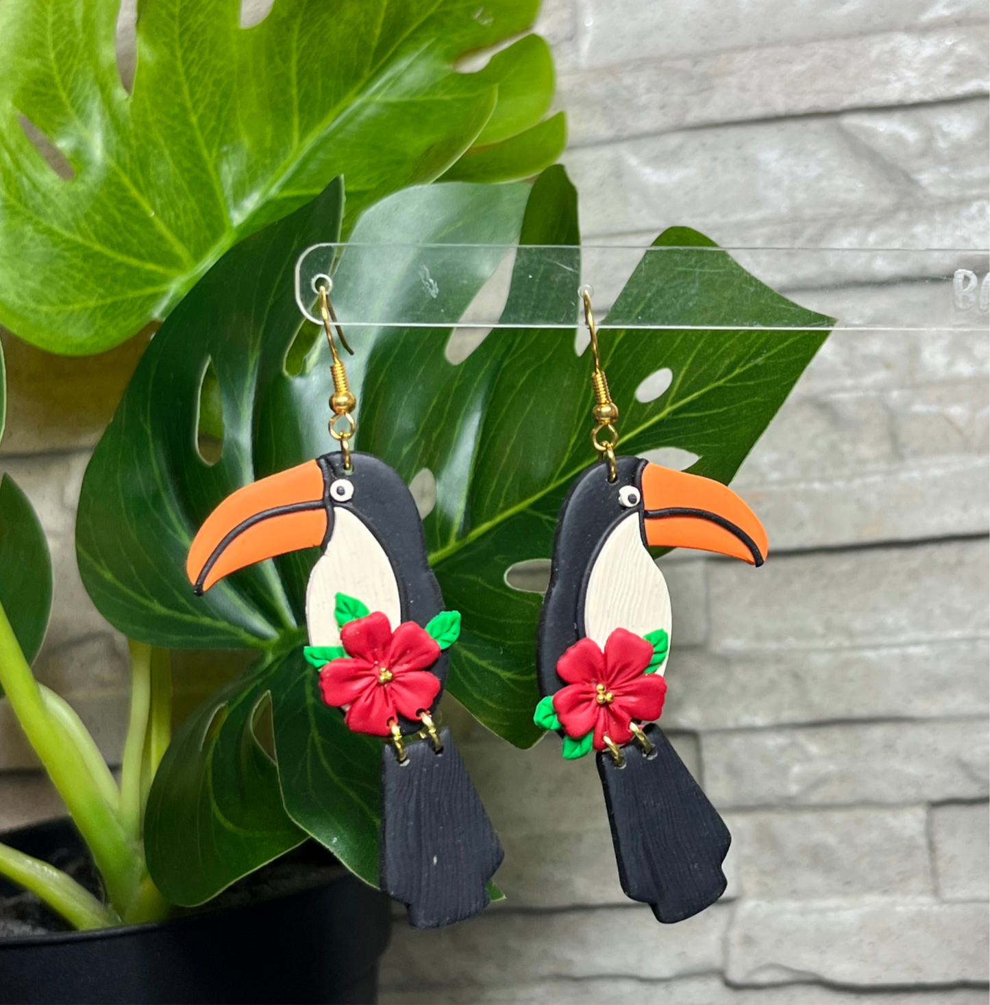 Tropical Toucan Statement Earrings – Handmade Clay Bird Earrings with Floral Accent