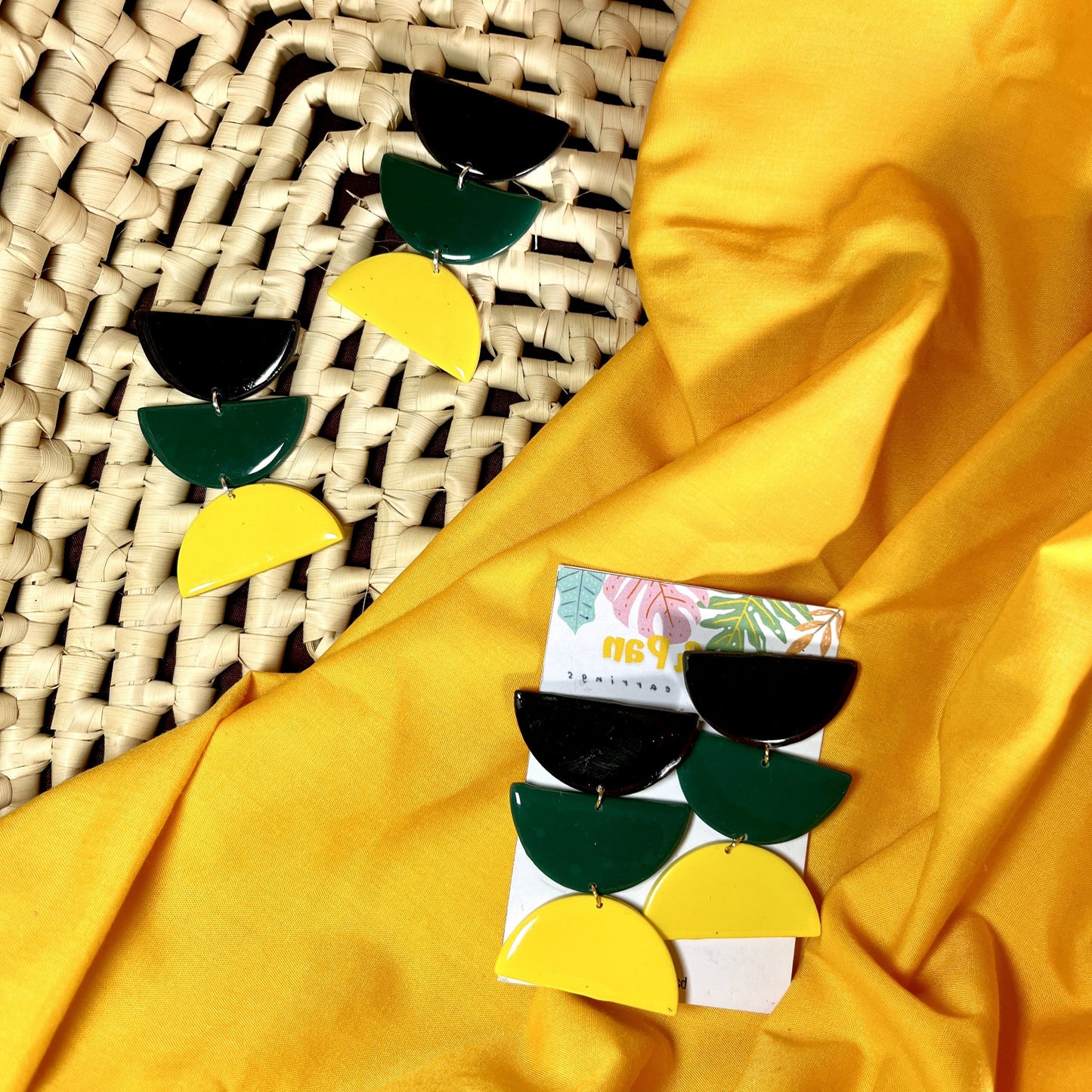 Black Green & Gold Half-Circles Polymer Clay Earrings