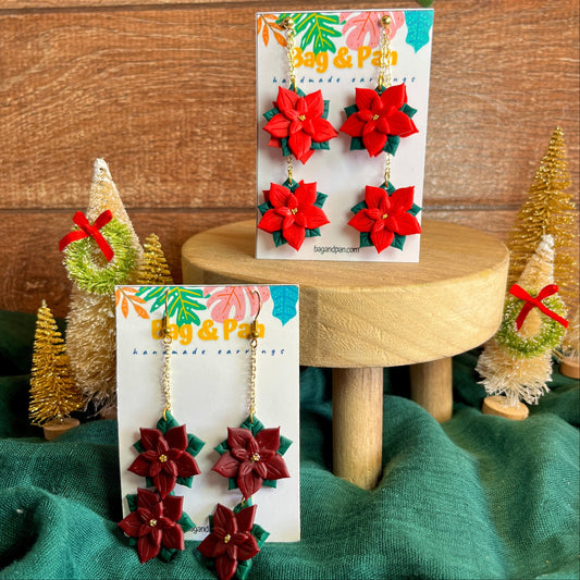 Layered Double Poinsettia Dangle Earrings