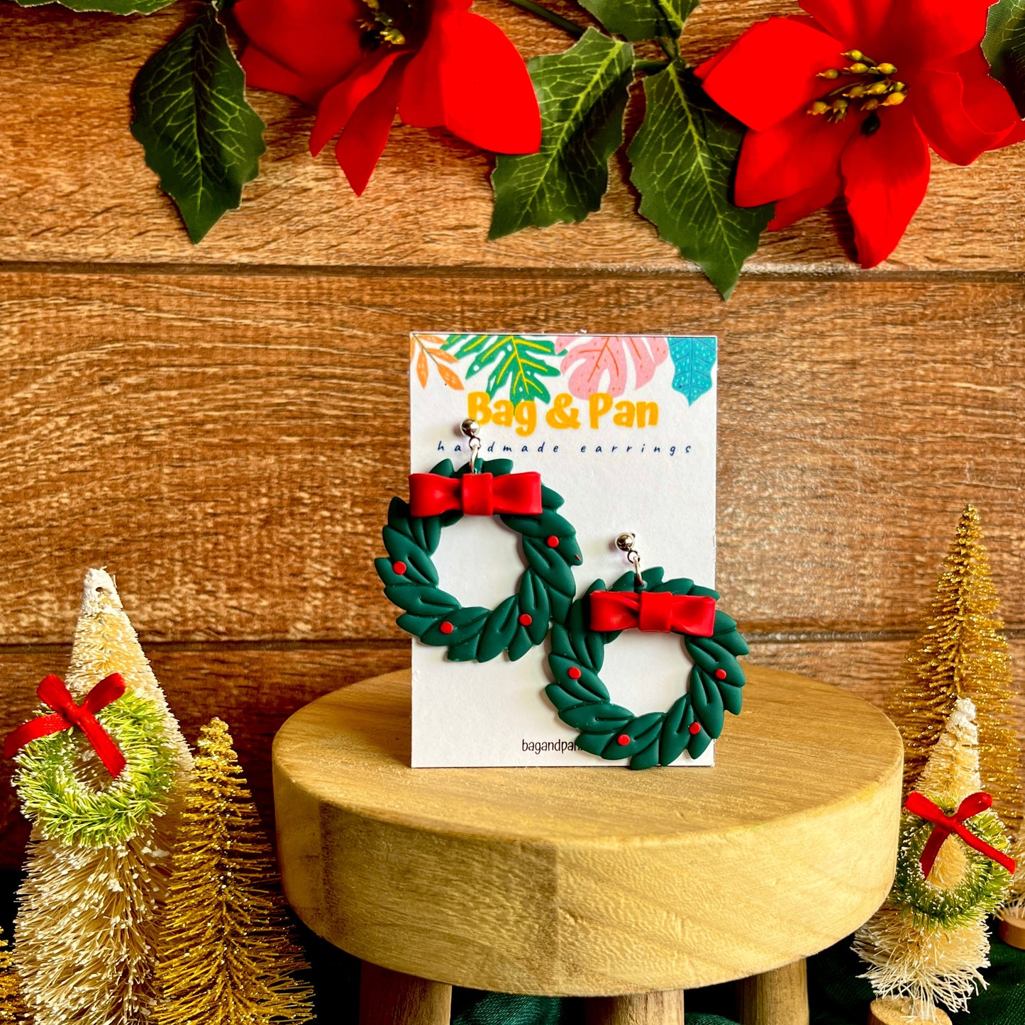 Holly Wreath Dangle Earrings with Bow Detail
