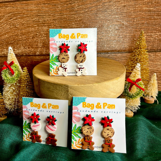 Holiday Stud Trio – Poinsettia, Glitter, & Gingerbread Bear