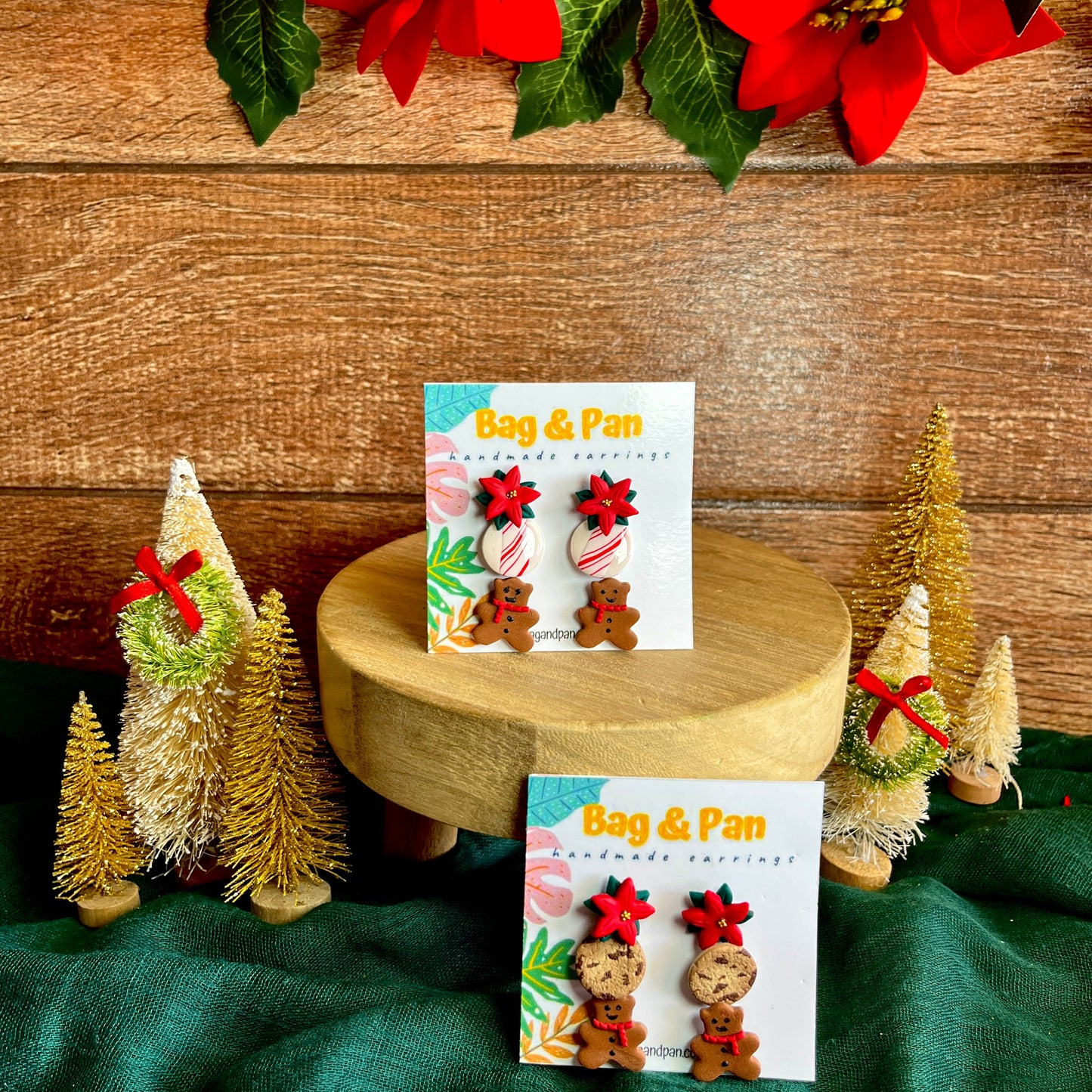 Holiday Stud Trio – Poinsettia, Glitter, & Gingerbread Bear