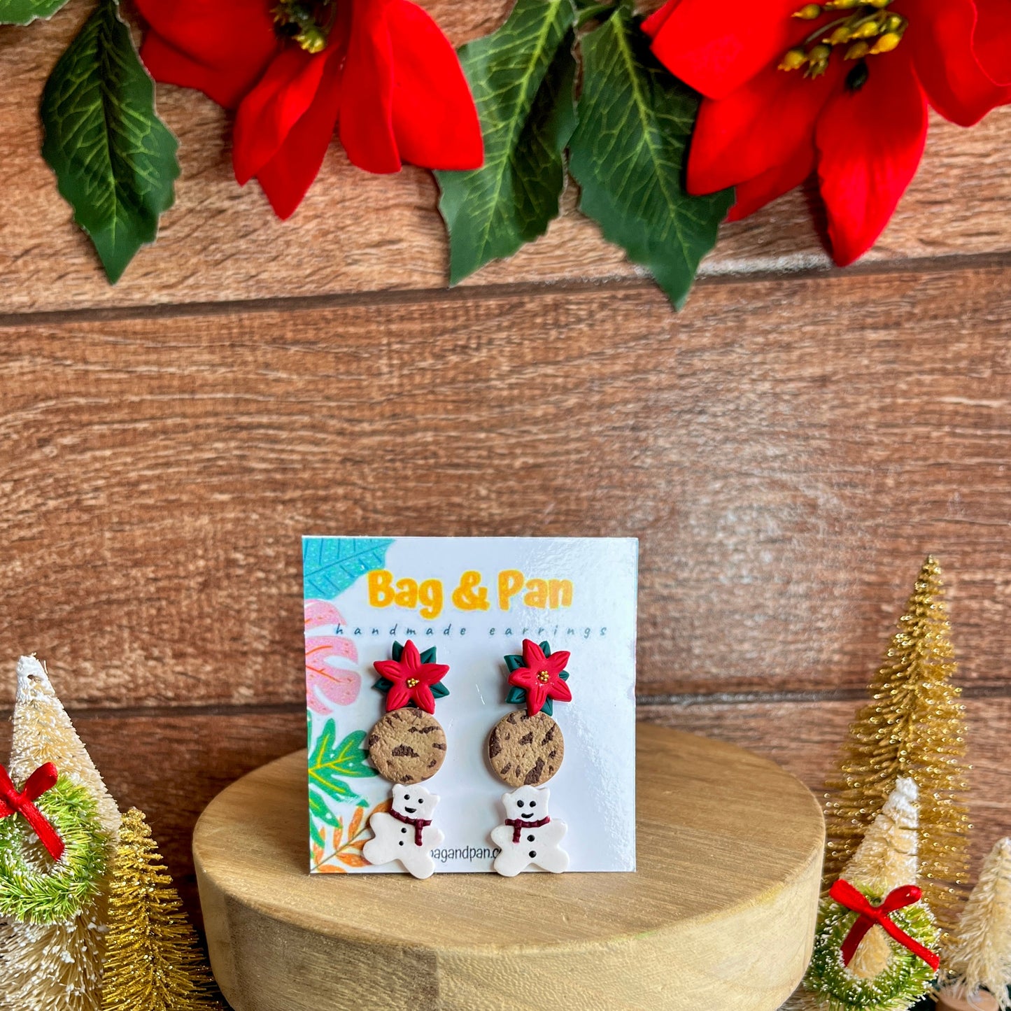 Holiday Stud Trio – Poinsettia, Glitter, & Gingerbread Bear