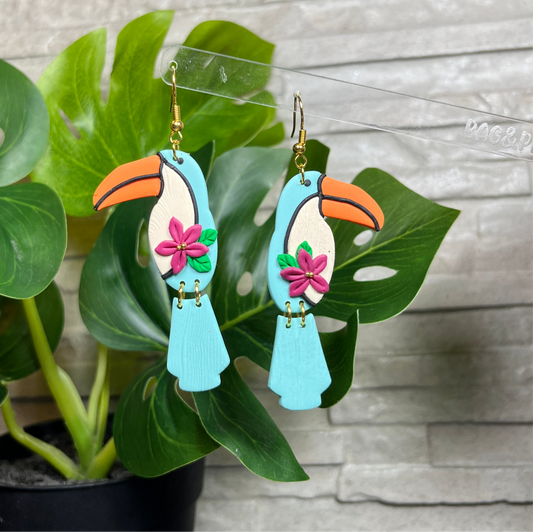 Tropical Toucan Statement Earrings – Handmade Clay Bird Earrings with Floral Accent