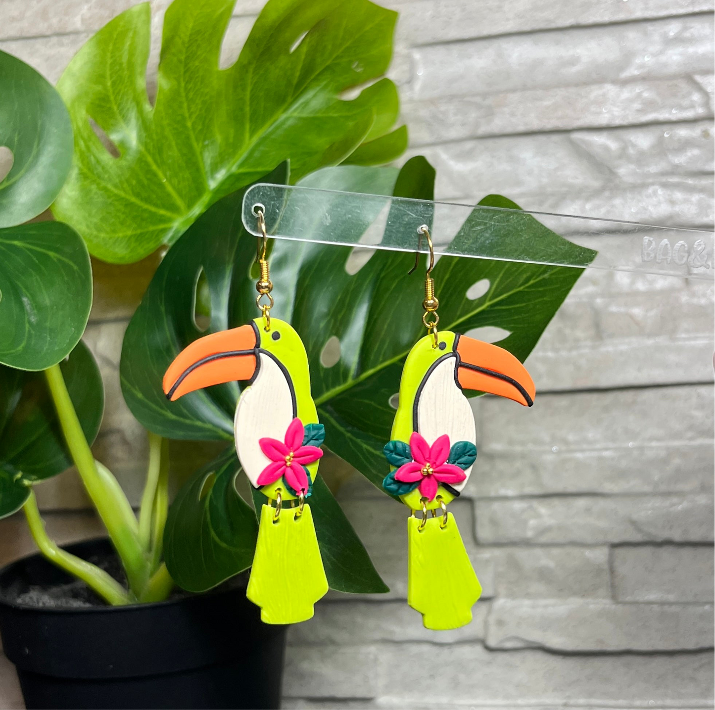 Tropical Toucan Statement Earrings – Handmade Clay Bird Earrings with Floral Accent