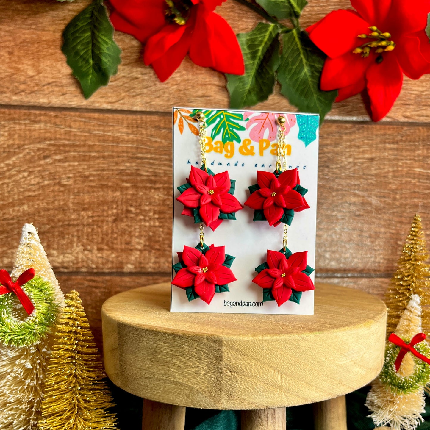 Layered Double Poinsettia Dangle Earrings